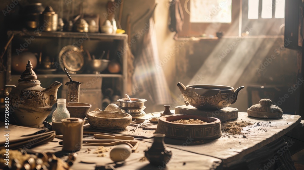 Rustic asian pottery workshop bathed in warm sunlight with traditional tools and materials on a workbench Rustic asian pottery workshop bathed in warm sunlight with traditional tools and materials on a workbench