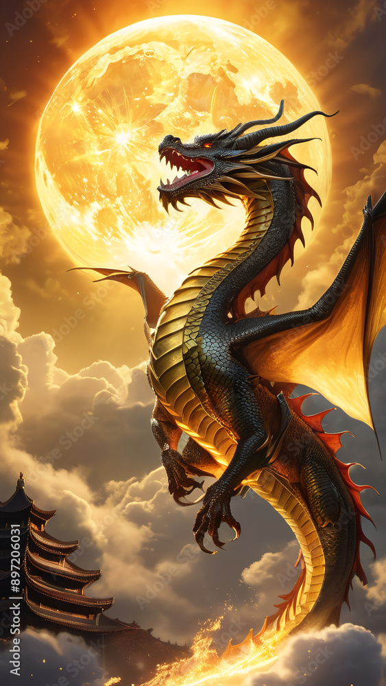 Chinese dragon is rising in the sky and orange moon, showing the elegant and power Chinese dragon is rising in the sky and orange moon, showing the elegant and power