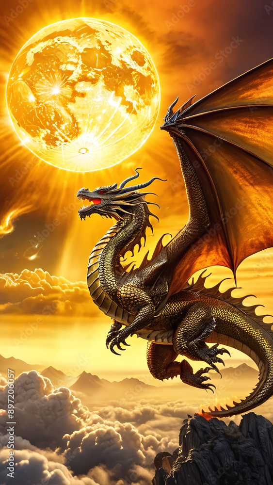 Chinese dragon is rising in the sky and orange moon, showing the elegant and power Chinese dragon is rising in the sky and orange moon, showing the elegant and power