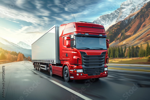 Powerful truck driving through scenic landscape with snowy peaks in background.