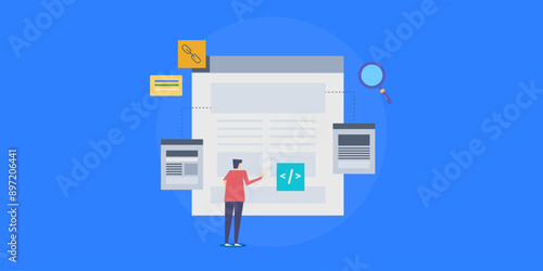 Website content connected with internal pages, improves indexing, keyword relevancy and domain authority, SEO expert analysing content strategy vector illustration.