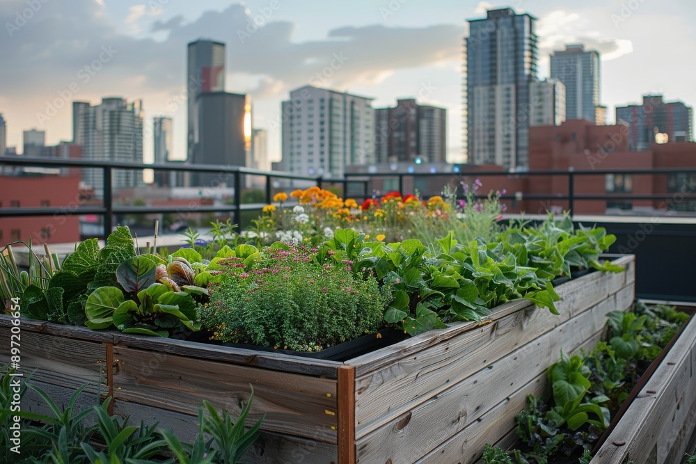 A rooftop garden thriving in a bustling city, showcasing sustainable urban agriculture and its potential to disrupt traditional food production systems. A rooftop garden thriving in a bustling city, showcasing sustainable urban agriculture and its potential to disrupt traditional food production systems.