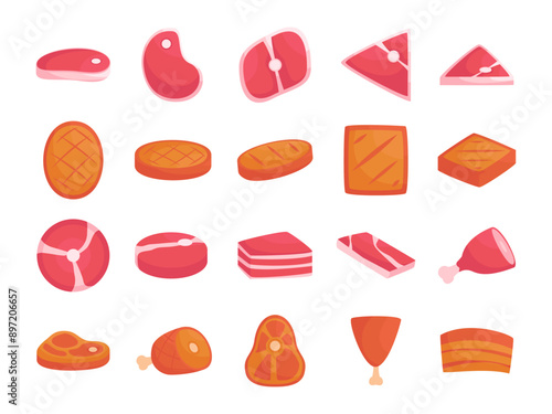 Set of cartoon meat products. Chicken, Ripe Steak