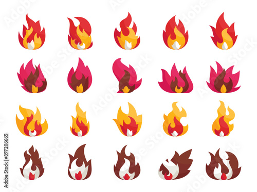 Cartoon flame. set of isolated vector illustrations of red fire bright fireballs