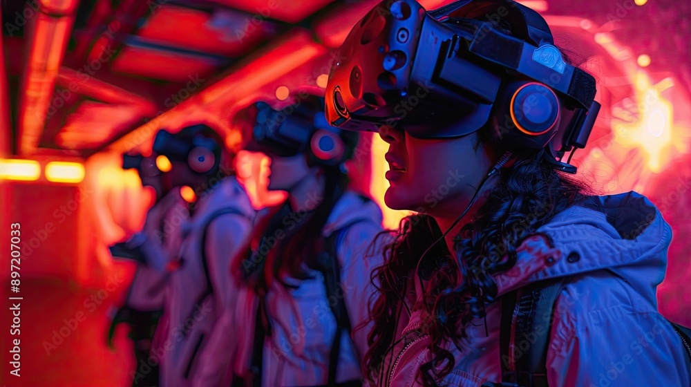 VR escape room experience with participants solving puzzles in a virtual environment, showcasing innovative gaming concepts VR escape room experience with participants solving puzzles in a virtual environment, showcasing innovative gaming concepts