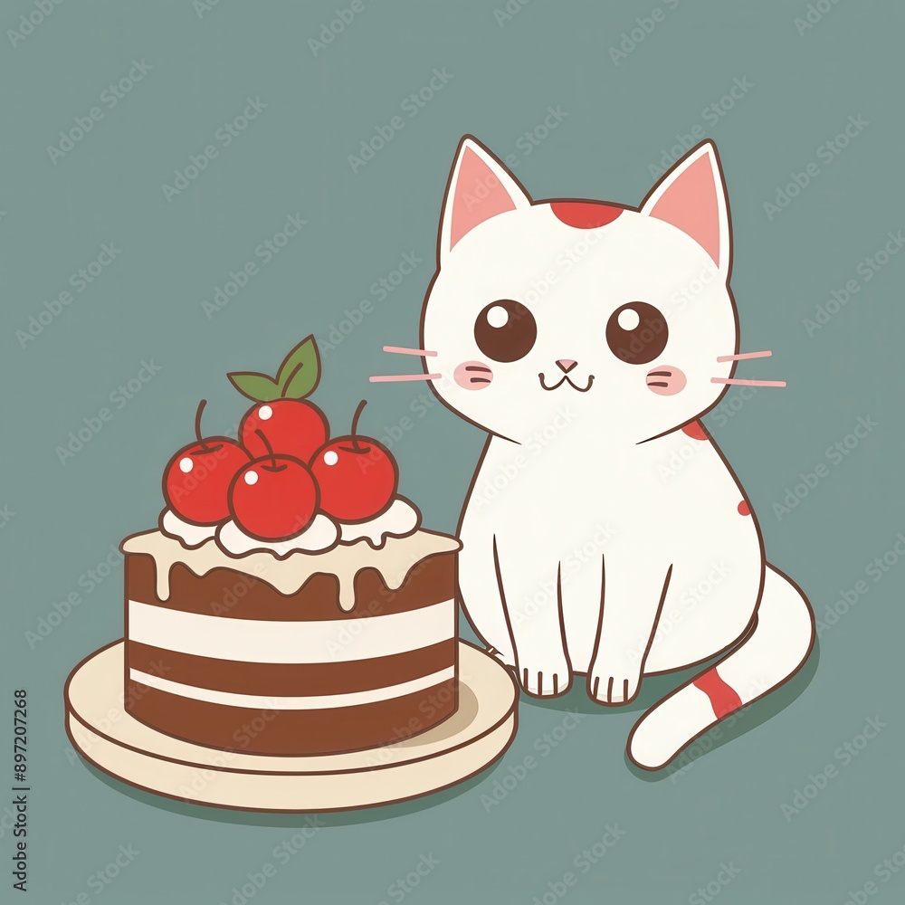 A very simple vectorial draw of a cat and cake, color blue, white, red and brown A very simple vectorial draw of a cat and cake, color blue, white, red and brown