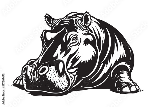 black and white engrave isolated hippo vector illustration