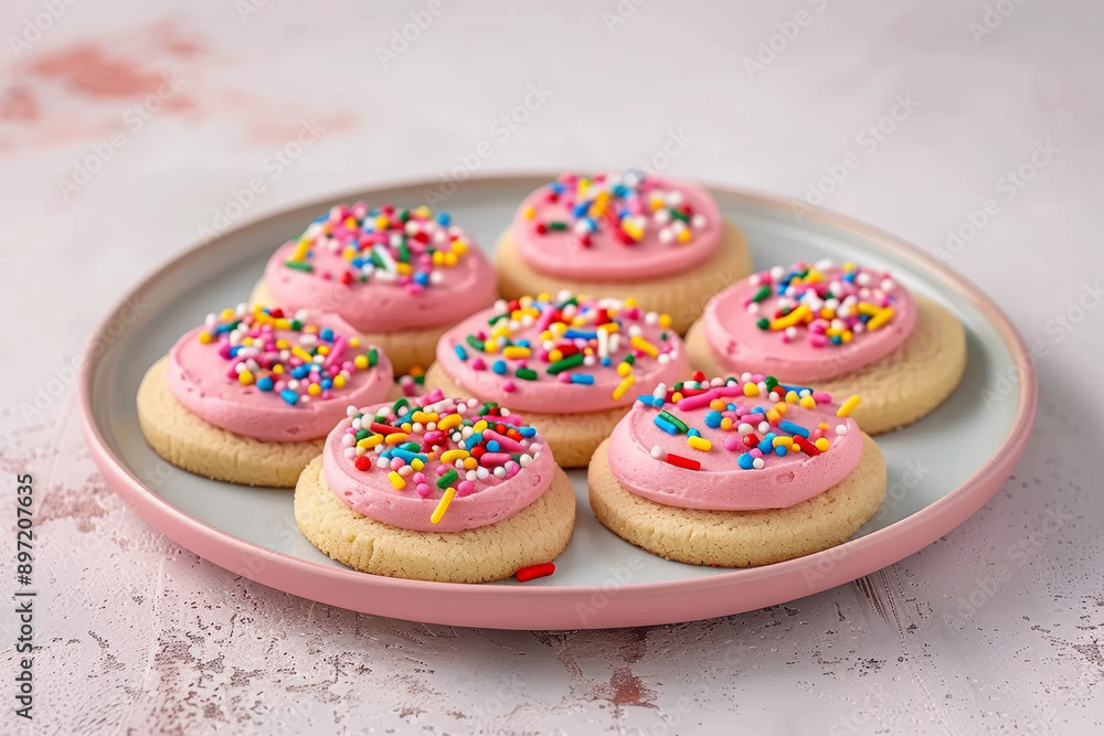 Plate of sugar cookies with pink frosting and vibrant rainbow sprinkles on a light background. Plate of sugar cookies with pink frosting and vibrant rainbow sprinkles on a light background.