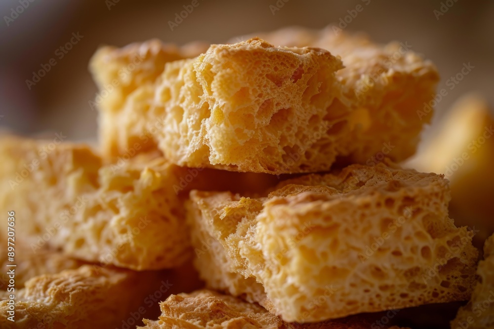 Close up view of crunchy bread croutons with porous texture, forming appetizing pile Close up view of crunchy bread croutons with porous texture, forming appetizing pile