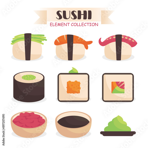shusi food set, Japanese seafood cuisine illustration