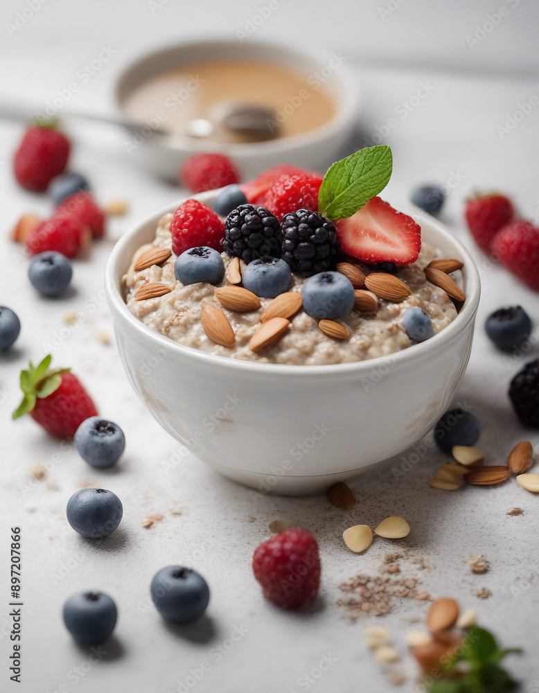 A bowl of overnight oats topped with fresh berries, chia seeds, and almond butter on a white background
A bowl of overnight oats topped with fresh berries, chia seeds, and almond butter on a white background