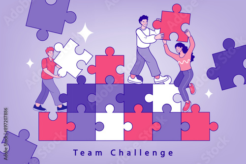 A business team works together, building a large jigsaw puzzle. This concept of collaboration illustrates a team challenge, problem-solving, and building a successful solution.