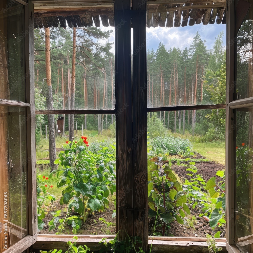 bad quality photo of a small vegetable garden in a pine forest viewed from the window of an old cabin bad quality photo of a small vegetable garden in a pine forest viewed from the window of an old cabin