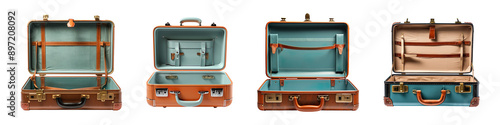 Opened retro suitcase collection isolated on transparent background