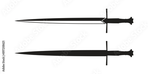 Silhouette of a sword on a white background, clear contours, classic shape, vector illustration.
