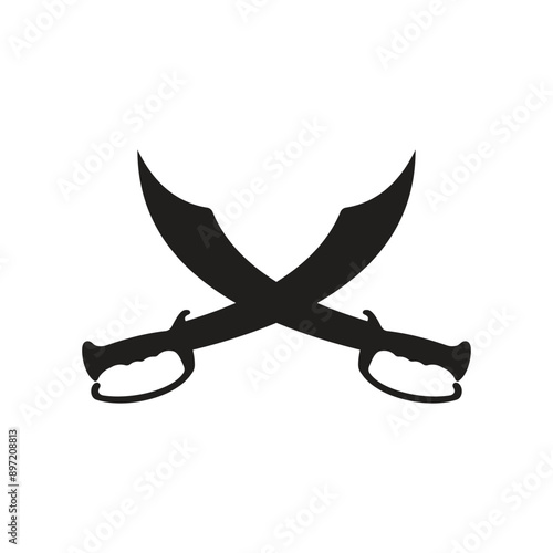 Silhouette of crossed pirate sabers or swords, isolated on a white background.
