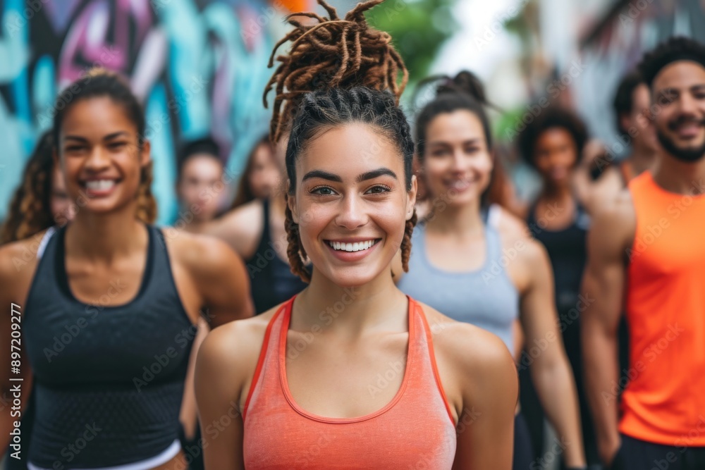 A diverse group of individuals standing together in front of a vibrant graffiti wall, posing for a photo, Fitness influencers motivating a diverse group of people, AI Generated A diverse group of individuals standing together in front of a vibrant graffiti wall, posing for a photo, Fitness influencers motivating a diverse group of people, AI Generated