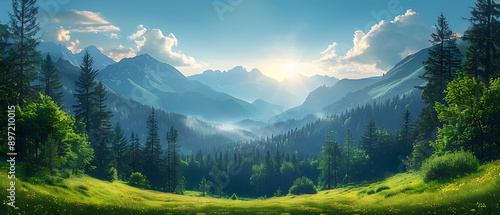 Breathtaking sunrise over majestic mountain range with lush green valley and pine forests, creating a serene and picturesque landscape.