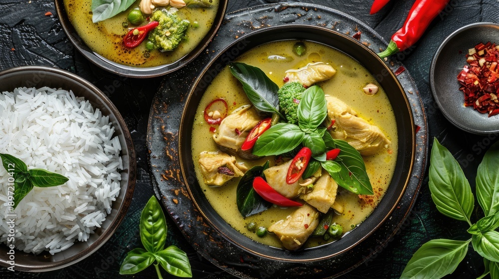Thai green curry with rice, garnished with fresh herbs and spices. Thai green curry with rice, garnished with fresh herbs and spices.