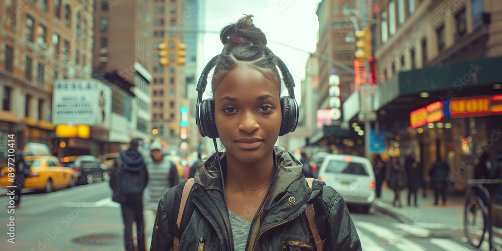 Self-Assured Strut: A teenage girl walking down a city street, headphones in and shoulders back