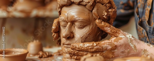 Close-up of hands sculpting clay in a pottery studio photo