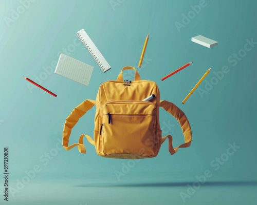 backpack with school supplies on blue background. Education concept. Back to school. school supplies floating in the air