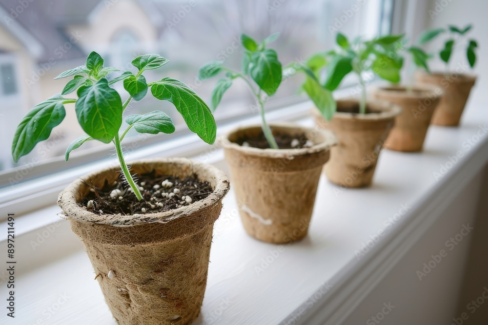 green tomato seedlings in peat pots on white windowsill indoors green tomato seedlings in peat pots on white windowsill indoors