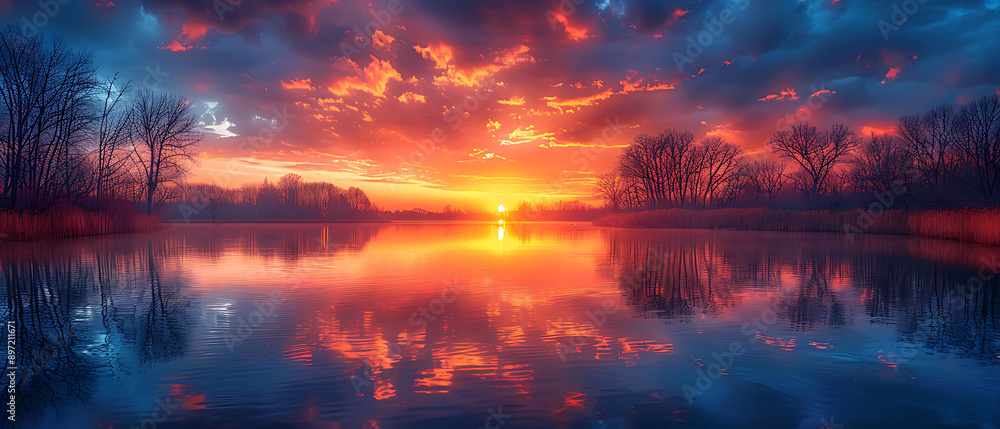 Stunning sunset over a calm lake with vibrant colors reflecting on the water, creating a breathtaking and serene landscape view. Stunning sunset over a calm lake with vibrant colors reflecting on the water, creating a breathtaking and serene landscape view.