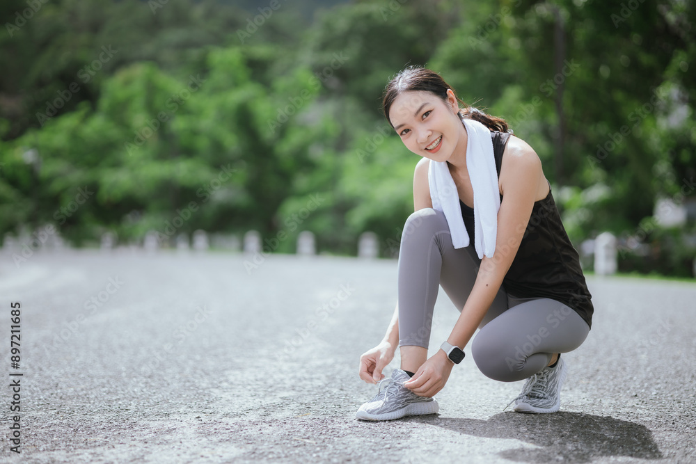 A young woman jogs in the city on a summer morning, embodying an active lifestyle. This fit athlete, dressed in sports clothing, enjoys outdoor exercise, promoting health, vitality, and a healthy life A young woman jogs in the city on a summer morning, embodying an active lifestyle. This fit athlete, dressed in sports clothing, enjoys outdoor exercise, promoting health, vitality, and a healthy life
