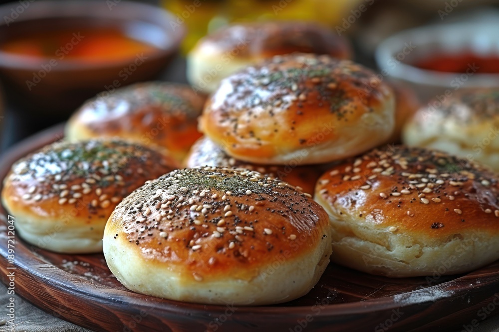 A close-up of Egyptian baladi bread, freshly baked and sprinkled with sesame seeds, served on a traditional wooden platter. A close-up of Egyptian baladi bread, freshly baked and sprinkled with sesame seeds, served on a traditional wooden platter.