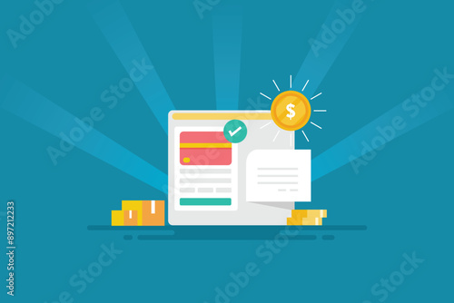 Website checkout page with online payment system, automatic invoice billing and package shipping details, Ecommerce concept, vector illustration. 