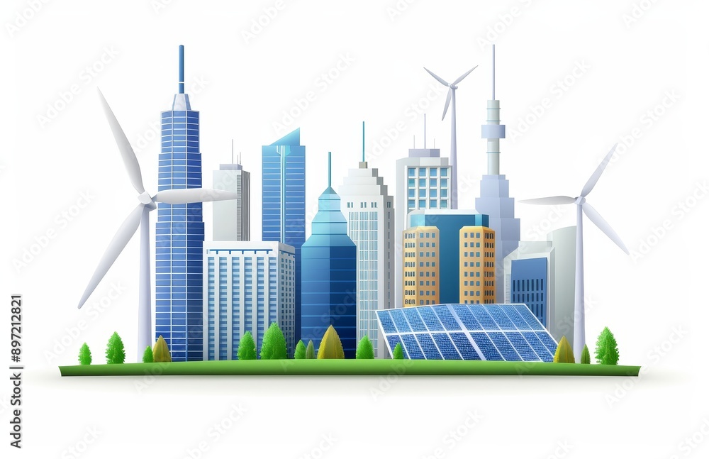 Energy grid with solar panels, wind turbines and skyscrapers in the background Energy grid with solar panels, wind turbines and skyscrapers in the background