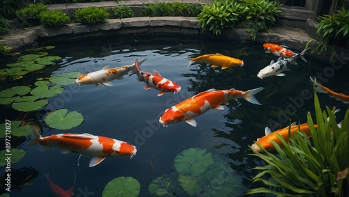 Koi fish and lush greenery in a serene pond