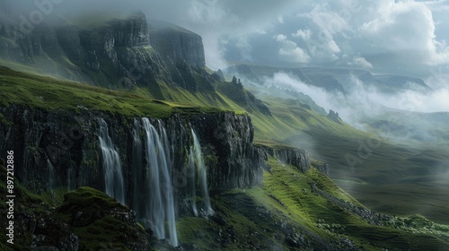 The dramatic landscape of the Scottish Isle of Skye, with rugged cliffs and waterfalls. photo