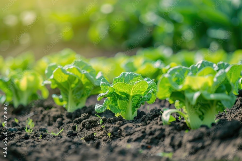 Rows of young cabbage plants growing on fertile soil in a farm field