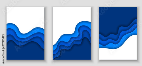 Blue water waves, paper cut banners. Sea and ocean ripple surface. 3d vector papercut empty frames with wavy layers for environment or World Water day. Poster template for Save the Oceans day 8th June