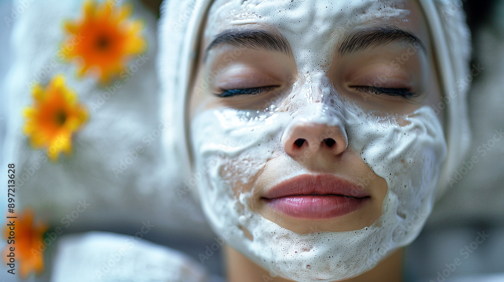 Fototapeta premium Young woman doing facial mask in spa salon. Close up of beautiful woman face lying with closed eyes in salon with moisturizing nourishing mask on her face. Cosmetic anti-aging skin care procedures