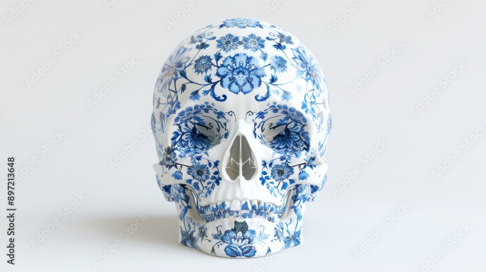 human skull made out of porcelain and painted with flower design on white background human skull made out of porcelain and painted with flower design on white background
