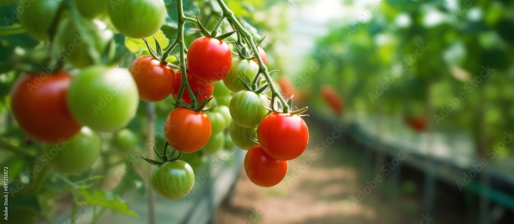 Fototapeta premium Close-up of Ripe Tomatoes on a Vine in a Greenhouse