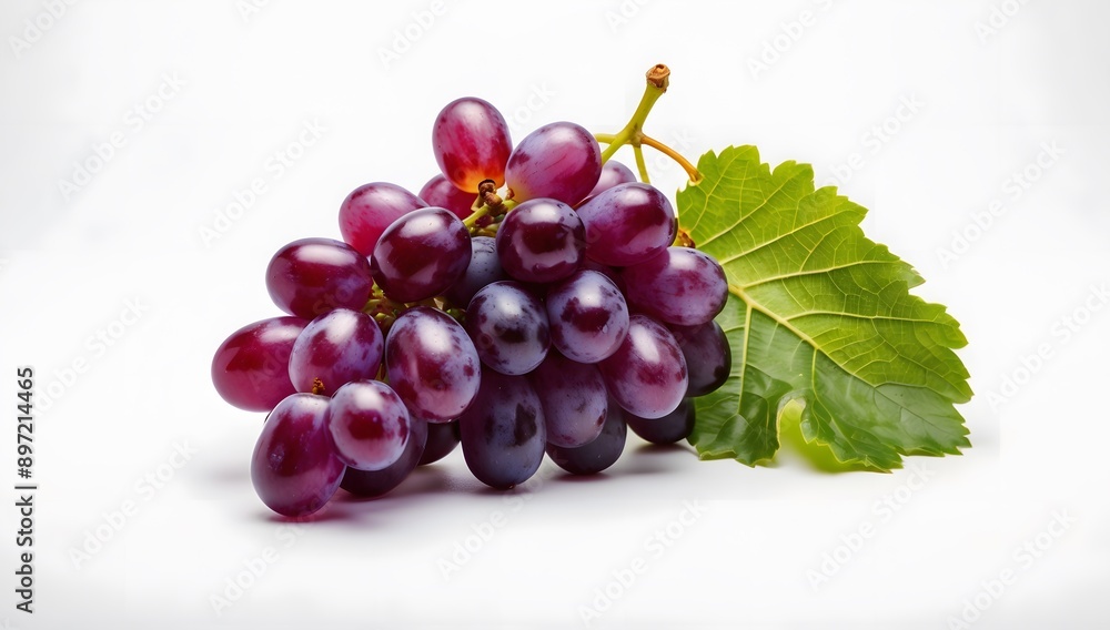 A bunch of purple grapes with leaves, on a white background, the grapes are plump and juicy, and the leaves are green and bright. A bunch of purple grapes with leaves, on a white background, the grapes are plump and juicy, and the leaves are green and bright.
