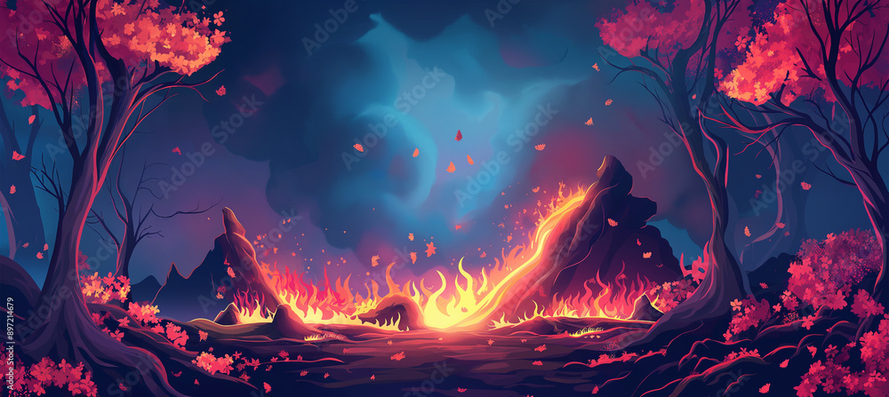 Obraz premium The Volcano lava burst cartoon hell exploding with tree and pink flower, game baclground, Illustration
