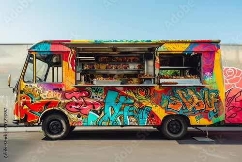 A vibrant food truck stands parked in a busy parking lot, ready to serve customers delicious meals and snacks, Food truck with graffiti design serving street food, AI Generated