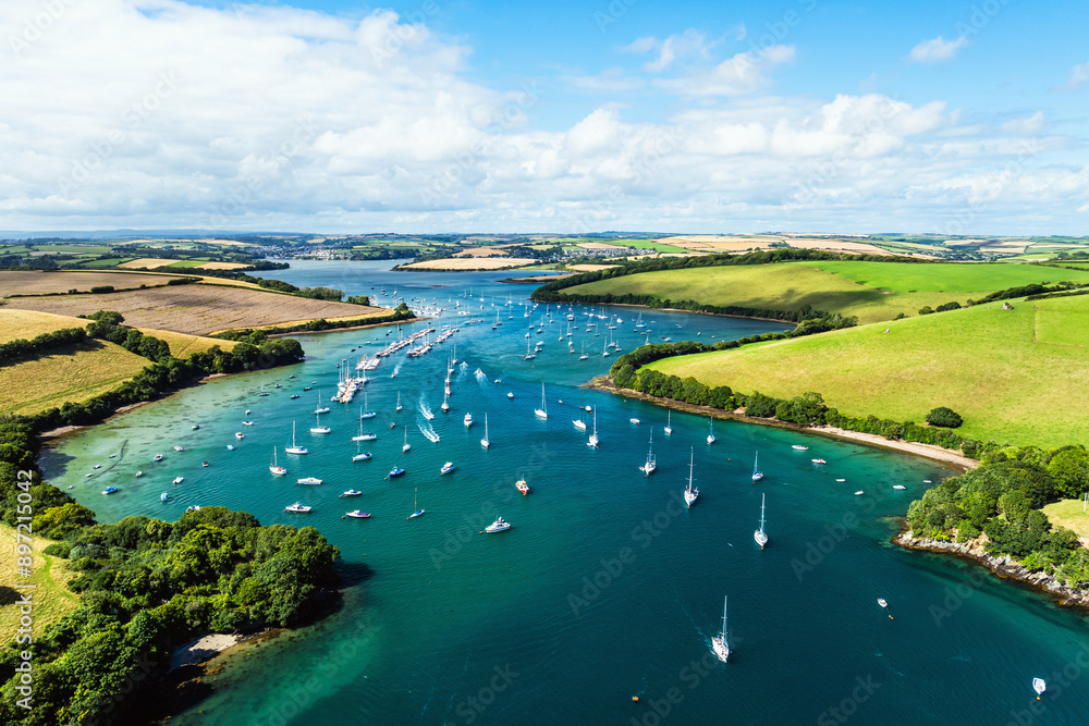 Salcombe and Mill Bay over Kingsbridge Estuary from a drone, Batson Creek, Southpool Creek, Devon, England, Europe