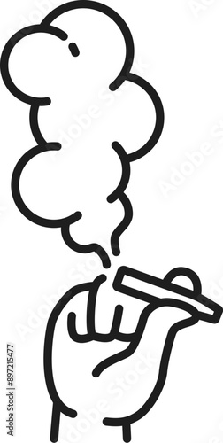 Cannabis smoking line icon of marijuana CBD or weed extract, vector symbol. Medical cannabis or marijuana drug smoke line icon of hand with cigarette for cannabis store and medicinal CBD