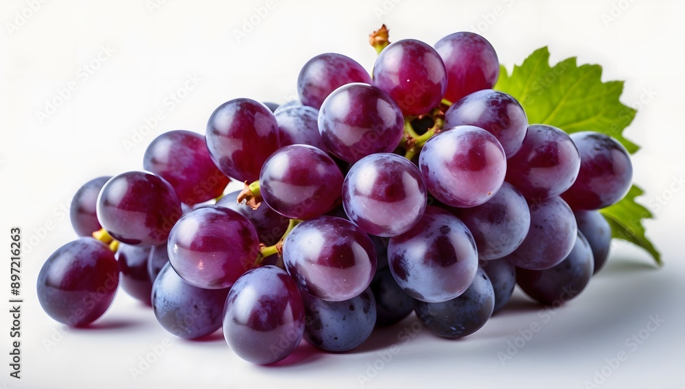 A bunch of purple grapes with leaves, on a white background, the grapes are plump and juicy, and the leaves are green and bright. A bunch of purple grapes with leaves, on a white background, the grapes are plump and juicy, and the leaves are green and bright.
