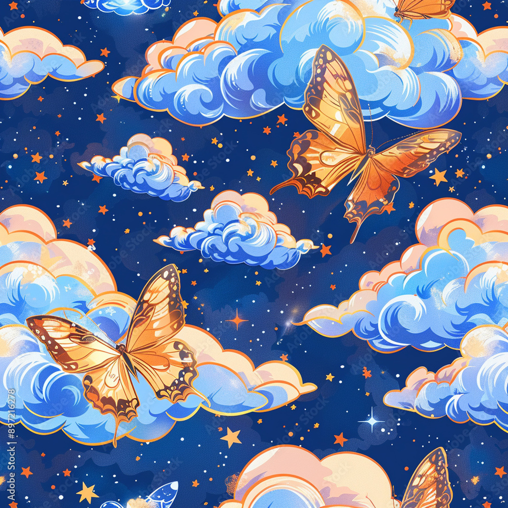 Fototapeta premium Butterflies and flowers and the sky