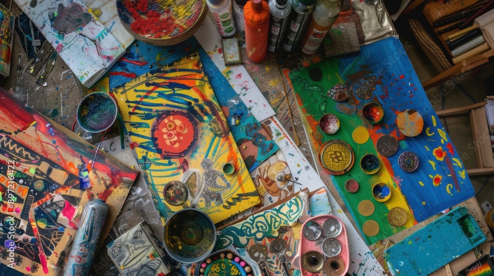Artist tidying up colorful abstract paintings, paint, and brushes in his workspace after completing a creative project Artist tidying up colorful abstract paintings, paint, and brushes in his workspace after completing a creative project