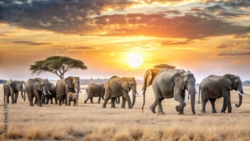 an African savanna at sunset, with a silhouette of an elephant herd walking across the horizon