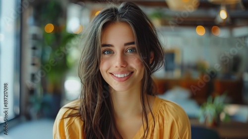 Smiling Woman in Cafe: A beautiful woman with a warm smile looks directly at the camera, her eyes sparkling with happiness. 