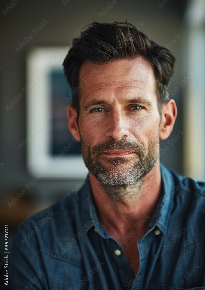 A middle-aged Caucasian man with dark hair and beard, wearing a dark shirt, looking directly at the camera indoors with a blurred background A middle-aged Caucasian man with dark hair and beard, wearing a dark shirt, looking directly at the camera indoors with a blurred background